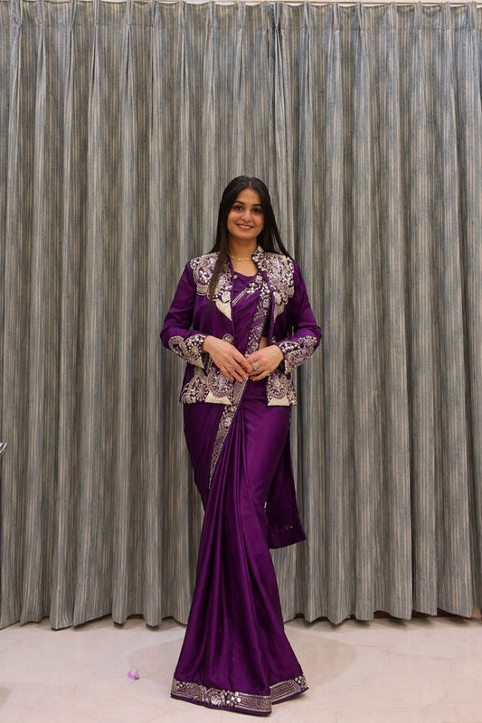 Ready to Wear Crepe Saree with Embroidery Sequence Jacket (Full Stitched)