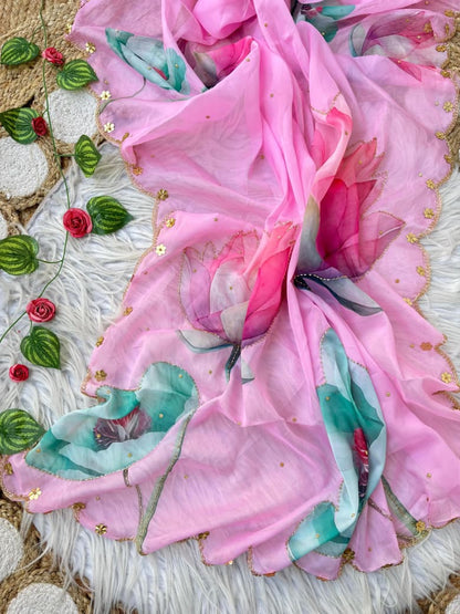 Rosy Soft Teby Silk Floral Print Saree