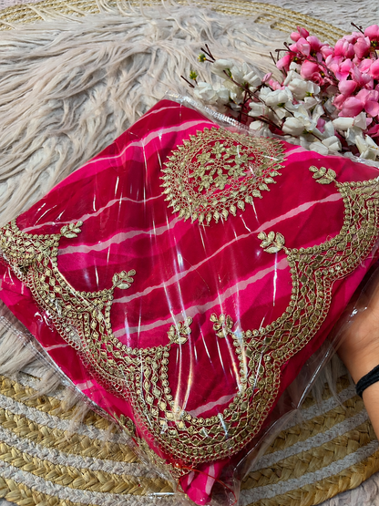 Traditional Leheriya Georgette Saree with Heavy Foil Gota Work & Cutwork Border