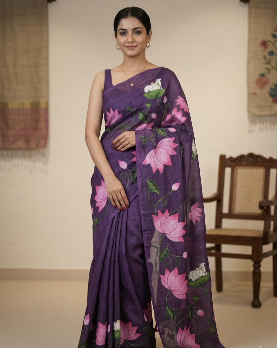 Premium Linen Cotton Floral Print Saree With Tassels & Blouse Piece | Soft Lightweight Daily Wear Saree