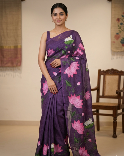 Premium Linen Cotton Floral Print Saree With Tassels & Blouse Piece | Soft Lightweight Daily Wear Saree