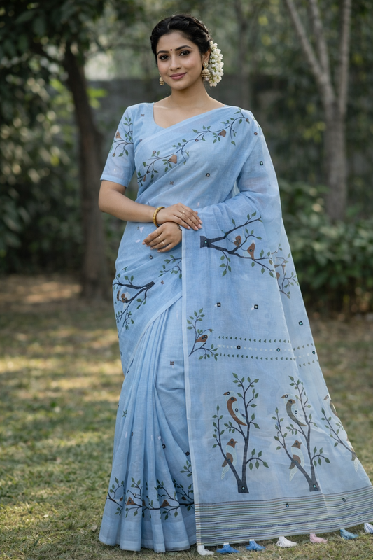 Elegant Soft Linen Cotton Printed Saree with Kalamkari Pallu & Mirror Work Blouse