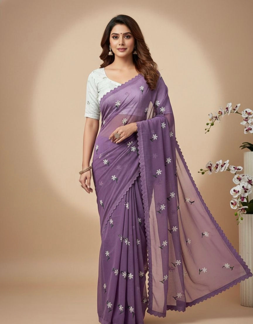 Floral Embroidered Georgette Saree – Lightweight Daily & Party Wear