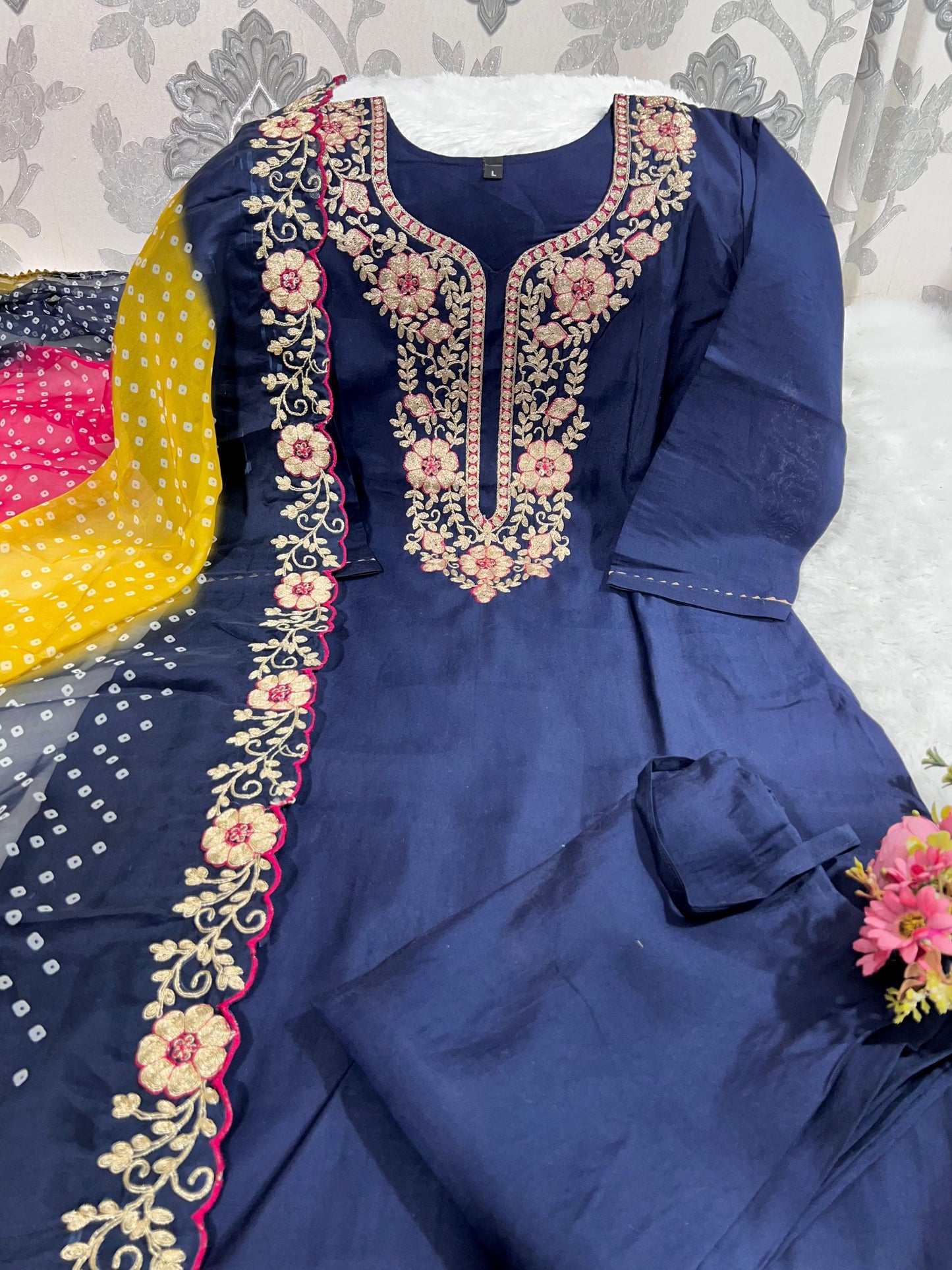 Designer Roman Silk Kurti Pant Set with Gota Patti Embroidery & Lehariya Dupatta