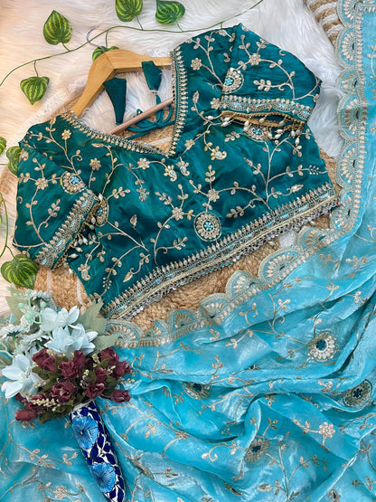Ananya Soft Satin Silk Embroidery Saree with Heavy Border & Stitched Blouse