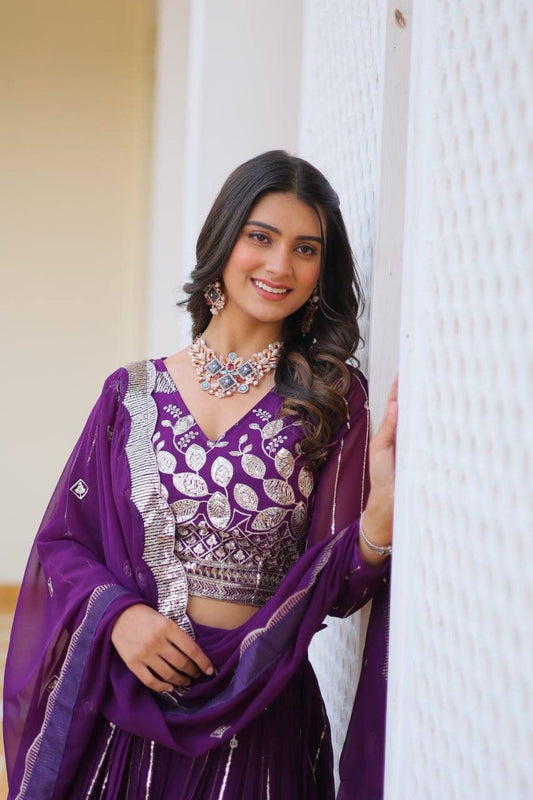 Purple Embroidered Wedding Lehenga Choli Set