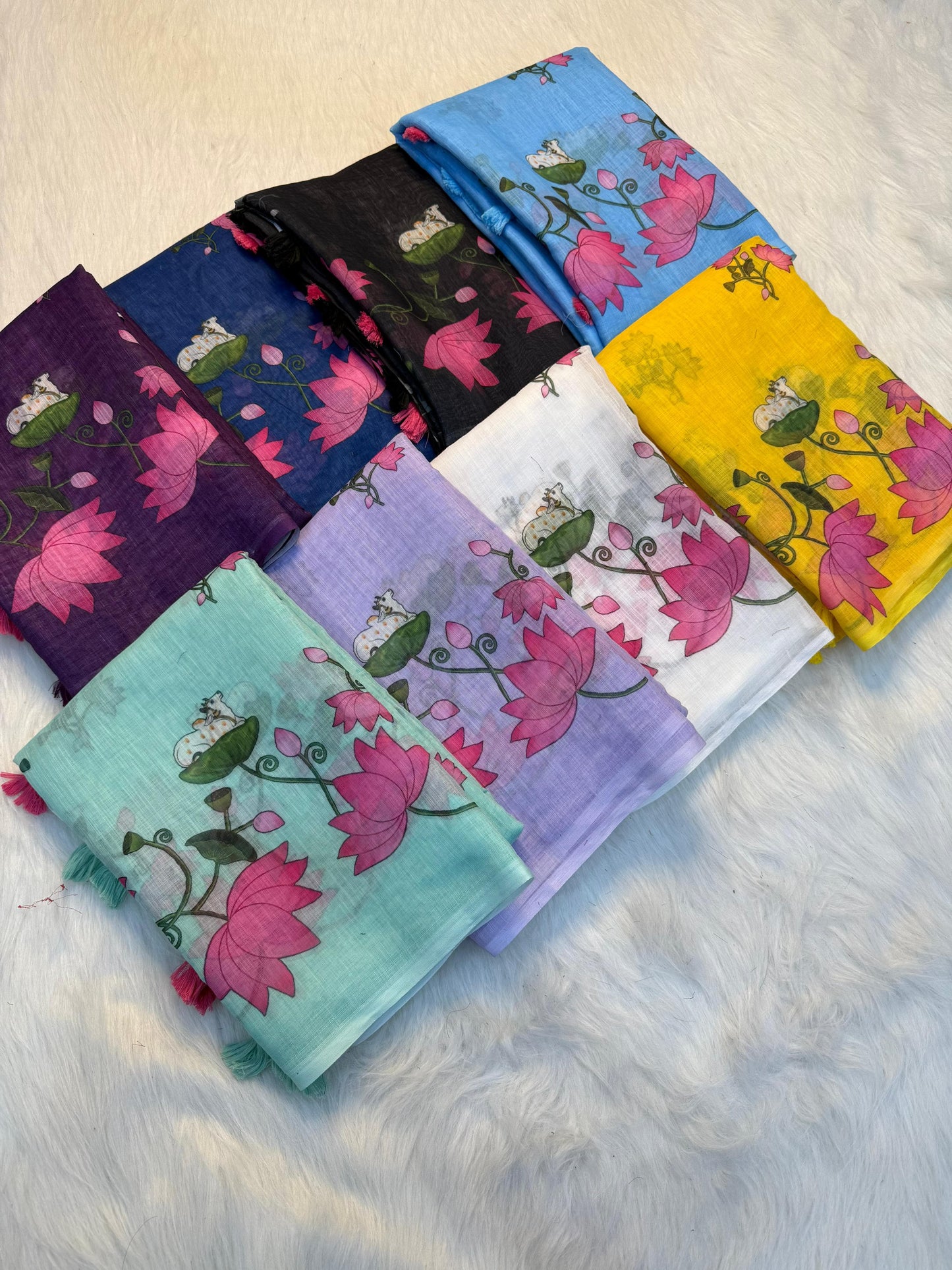 Premium Linen Cotton Floral Print Saree With Tassels & Blouse Piece | Soft Lightweight Daily Wear Saree