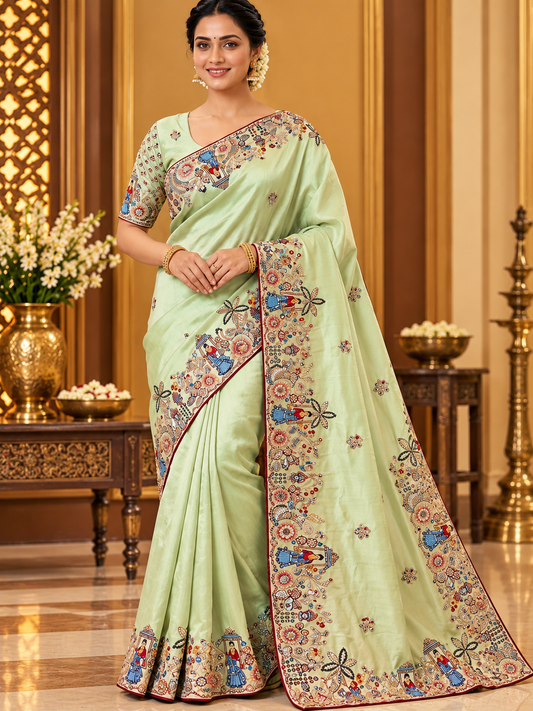 Premium Cosmos Silk Saree with Heavy Thread Embroidery, Zari & Sequin C-Pallu Work