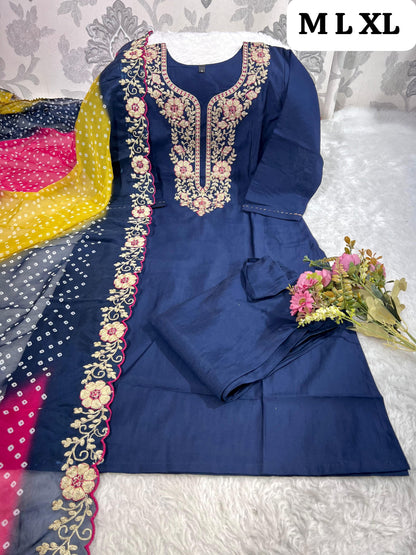 Designer Roman Silk Kurti Pant Set with Gota Patti Embroidery & Lehariya Dupatta