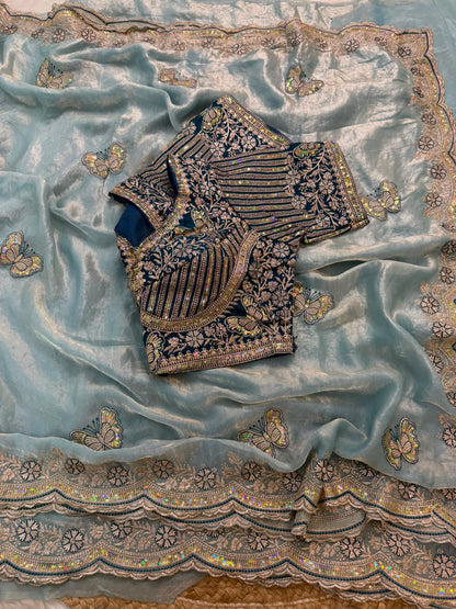 Sabyasachi Inspired Space Silk Saree with Butterfly Embroidery & Stitched Blouse