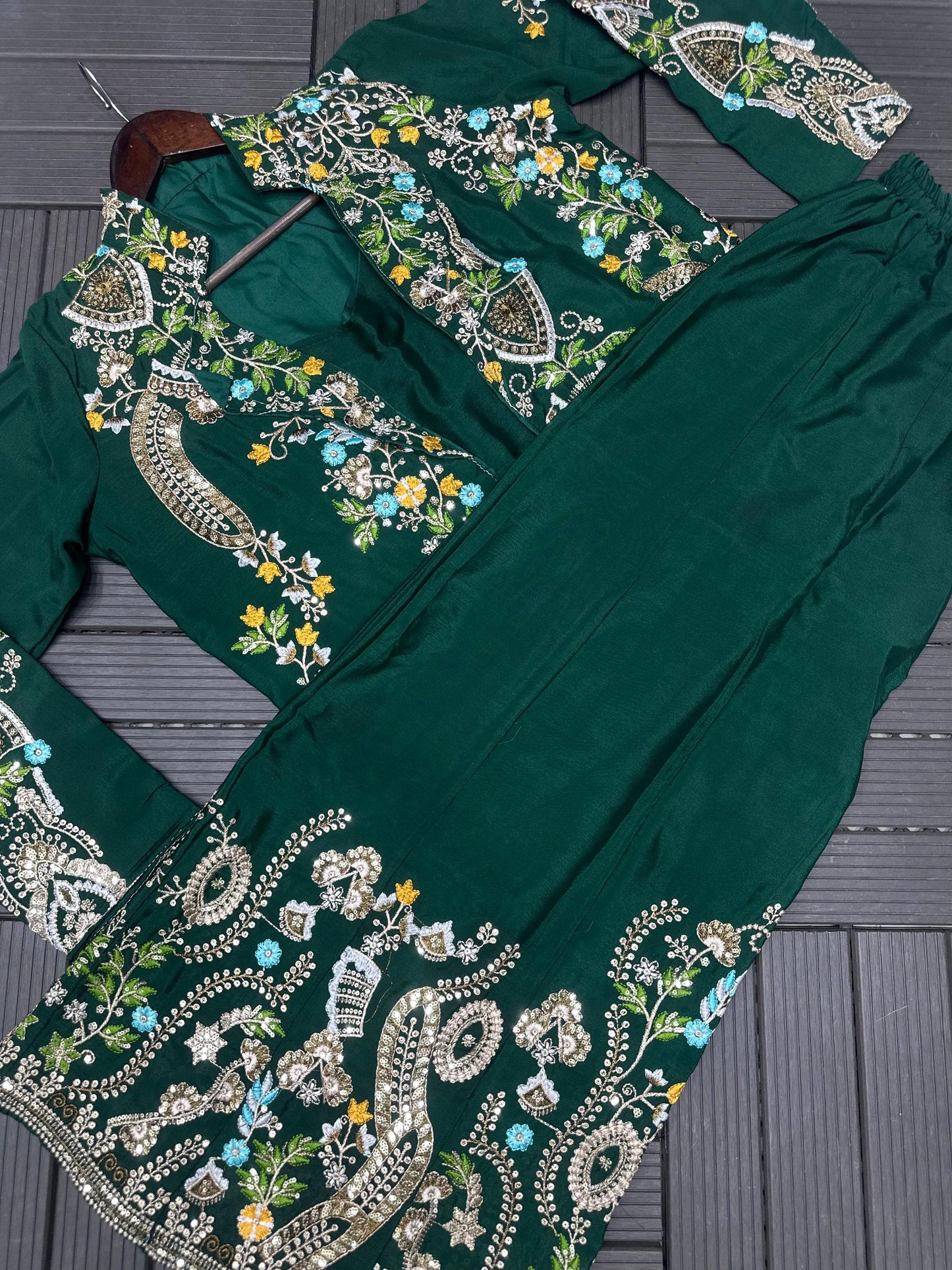 Designer Party Wear Embroidery Jacket Palazzo Set – Heavy Chinon 3 Piece Outfit