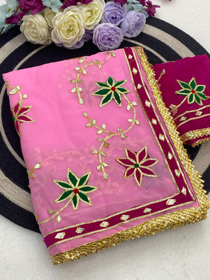 Hand Charkhi Gota Patti Work Georgette Saree