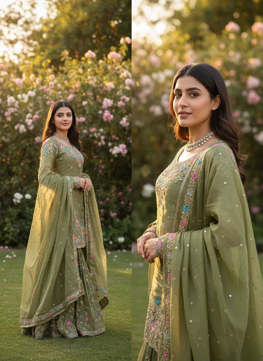 5000 Series Premium JMC Silk Anarkali Sharara Set with Heavy Embroidery & Dupatta