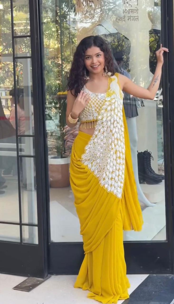 Ready to Wear Embroidered Georgette Saree with Designer Blouse – Teal Green, Mustard Yellow, Rani Pink