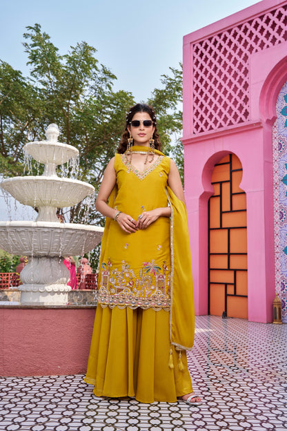 Haldi Special Designer Kurti Plazzo Dupatta Set with Moti & Embroidery Work