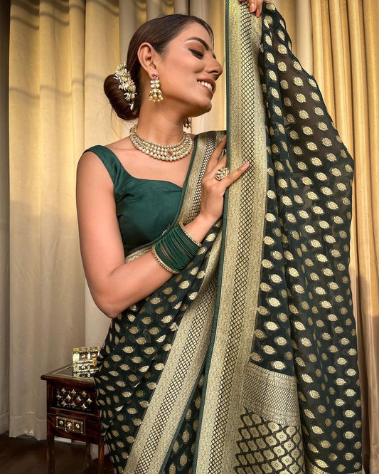 Dark Green Gold Buti Saree