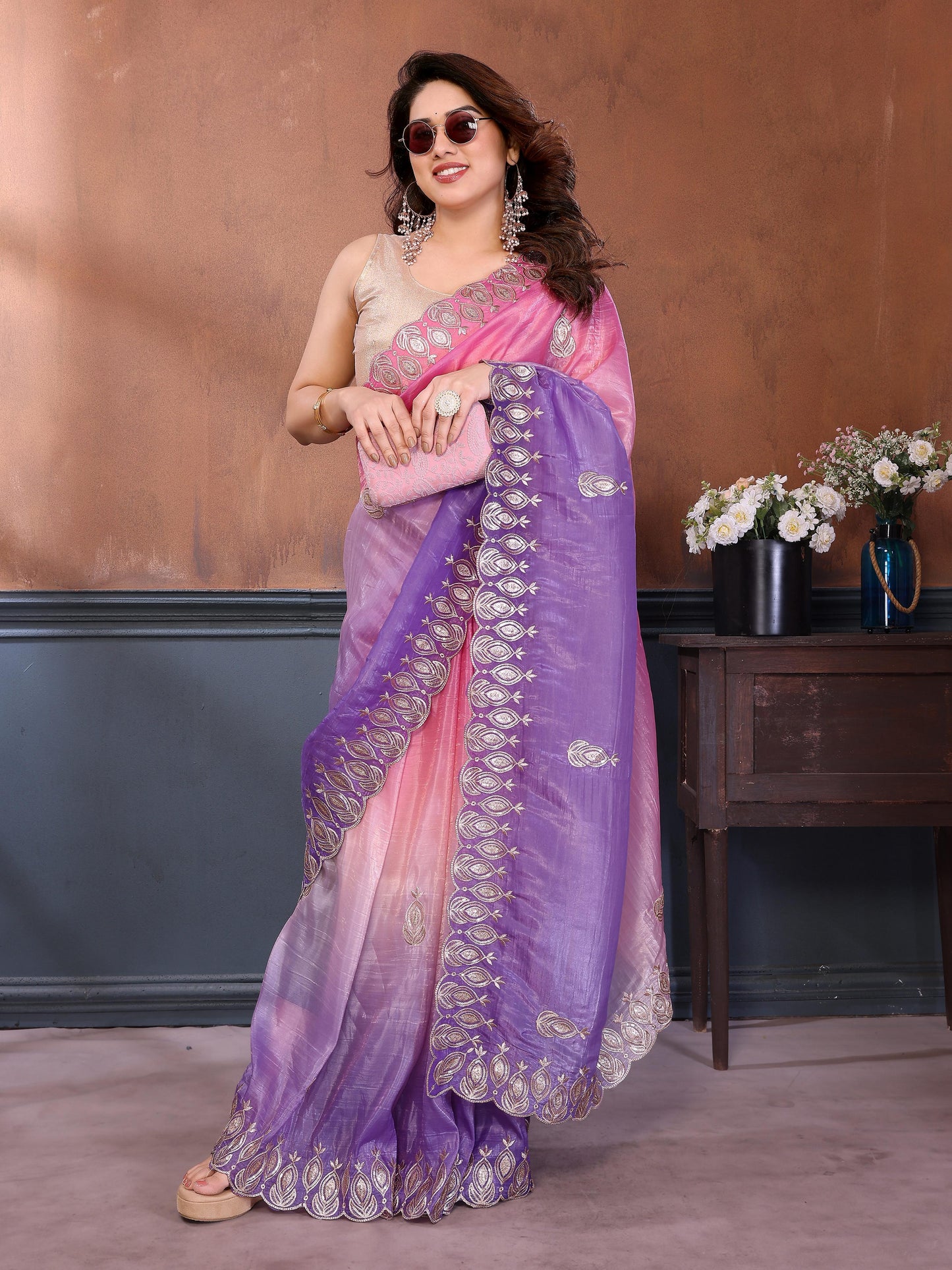 Gold Crush Silk Embroidery Work Saree with Gota Patti Blouse | Multi Tone Party Wear Saree