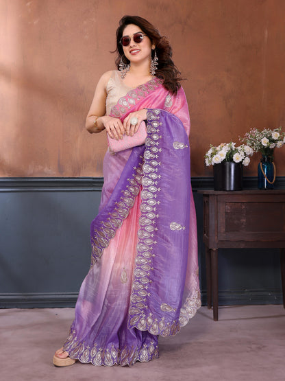 Gold Crush Silk Embroidery Work Saree with Gota Patti Blouse | Multi Tone Party Wear Saree