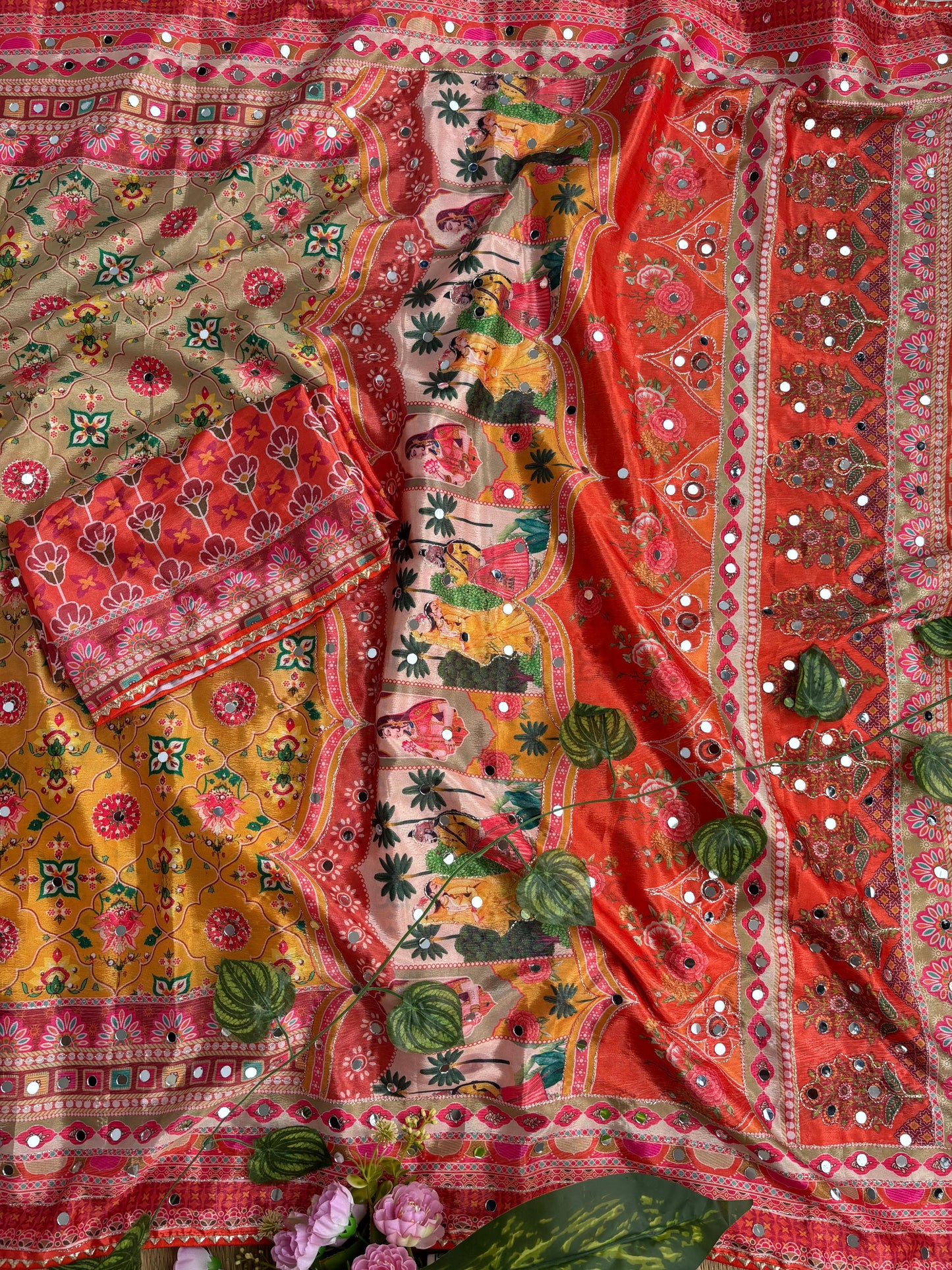Karigari Soft Chinon Silk Digital Print Saree with Hand Aari Work & 2000+ Real Mirror Work
