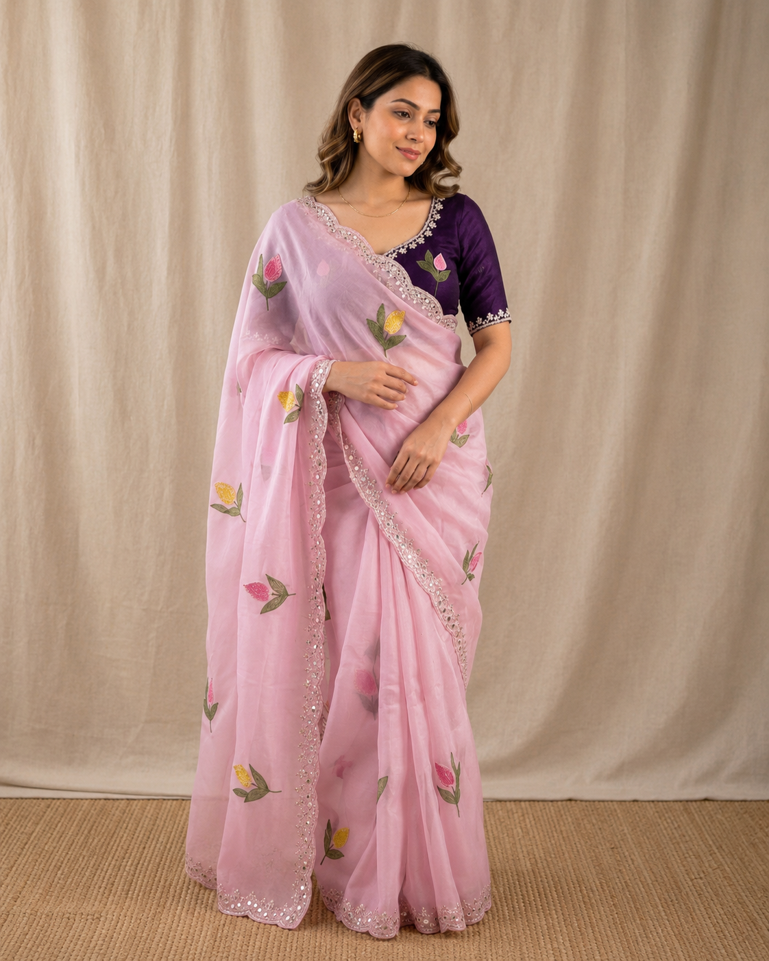 Soft Rangoli Silk Saree With Floral Embroidery & Real Mirror Work Border