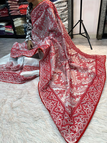 White Red Crush Silk Embroidery Saree
