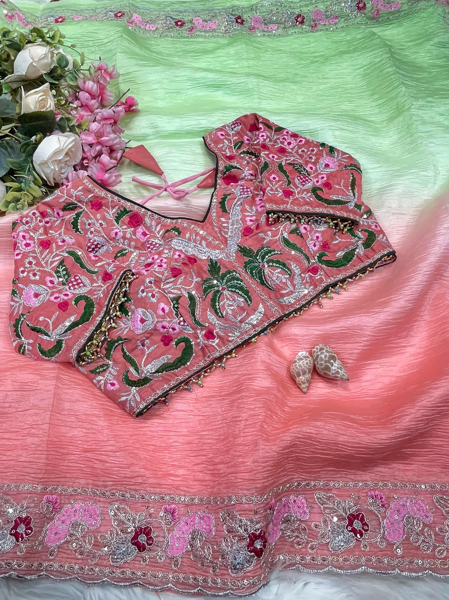 Candy Crush Embroidery Border Saree with Stitched Blouse