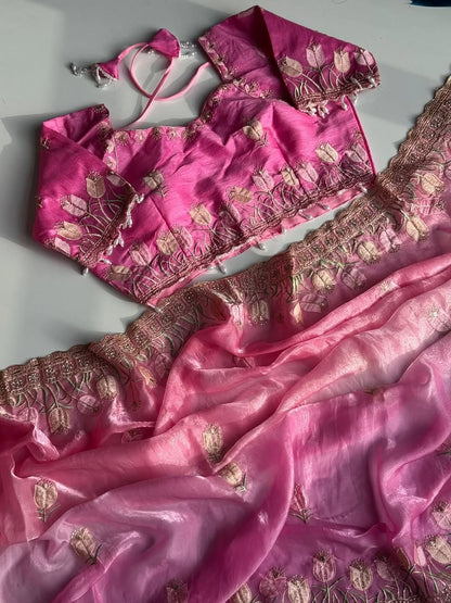 Lotus Soft Fendy Satin Saree With Embroidery Sequence & Thread Work Border