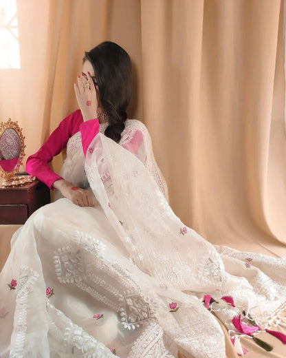 Pure Soft Organza Silk Saree with Lucknowi Embroidery & Silver Zari Work