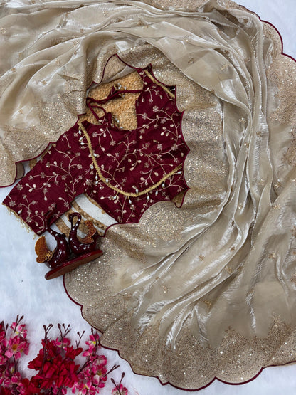 Cream Soft Jimmy Chuu Saree with Sequins & Zari Embroidery Work