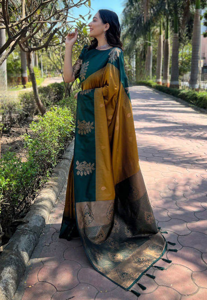 Green Mustard Zari Work Saree