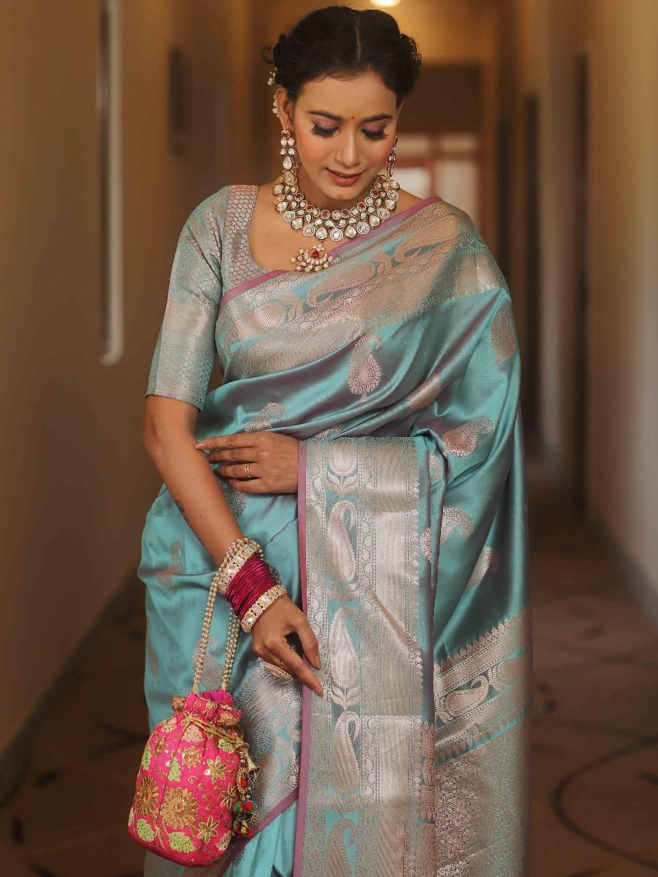 Pure Gold Zari Lichi Silk Saree