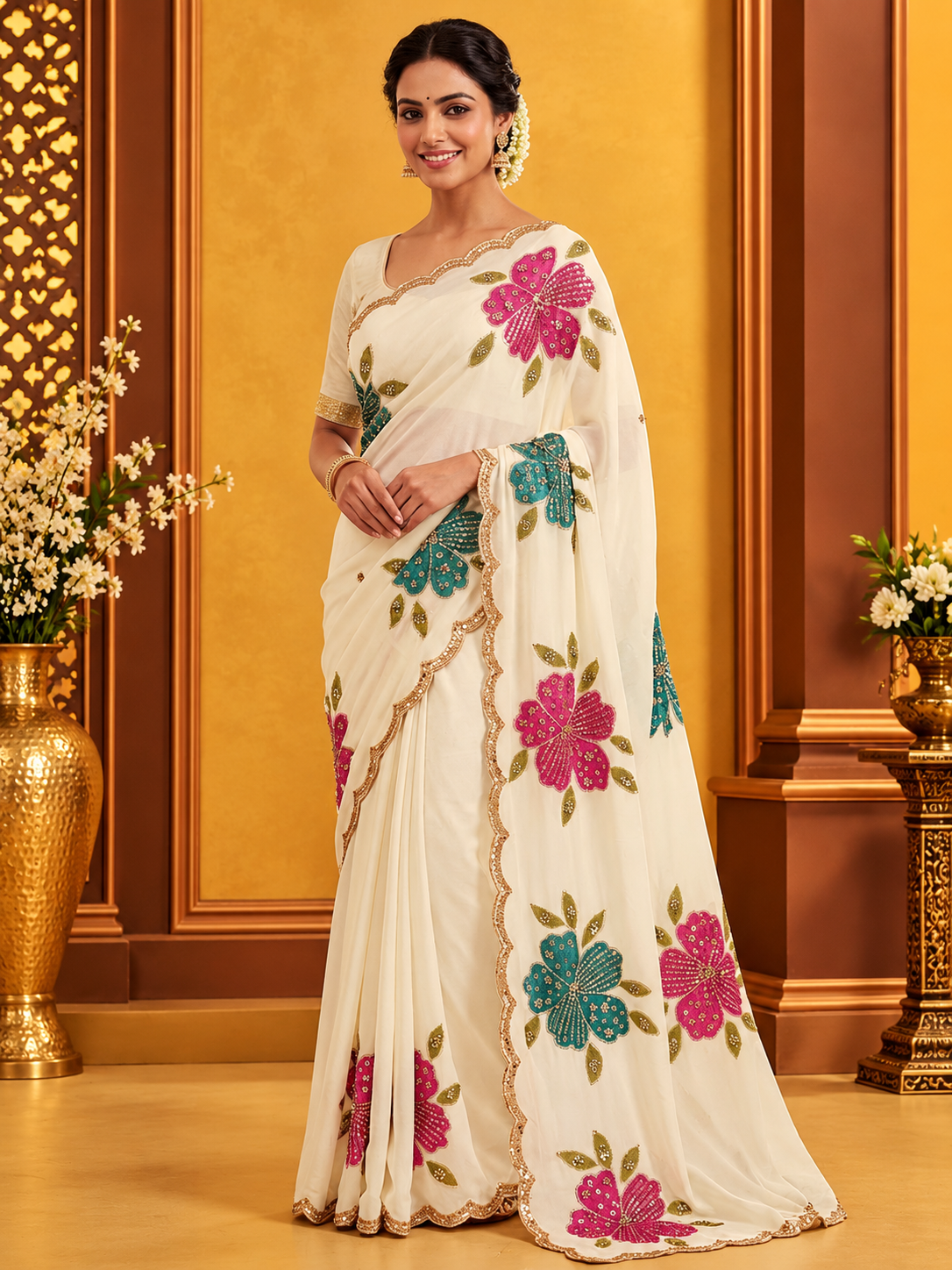 Premium Rangoli Silk Saree with Beads Work, Brush Print & Cutwork Border
