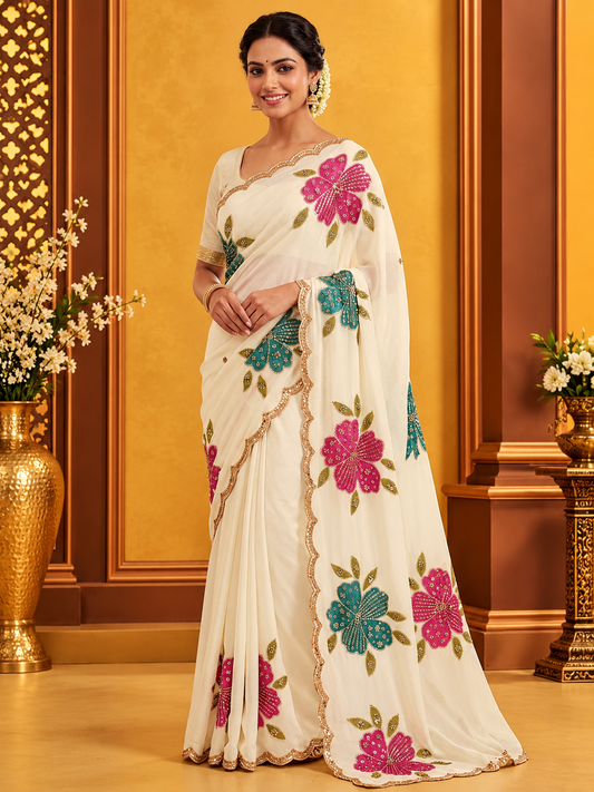 Premium Rangoli Silk Saree with Beads Work, Brush Print & Cutwork Border