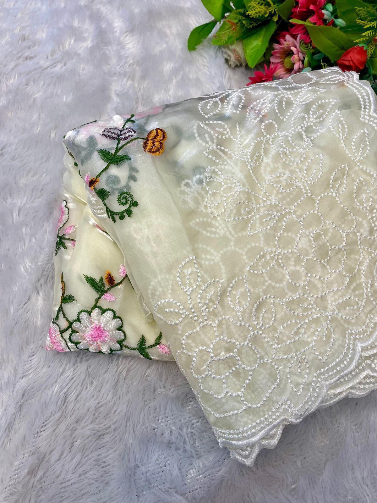 Premium Shinning Silk Jimmy Choo Saree with Heavy Embroidery Jaal & Floral Motifs