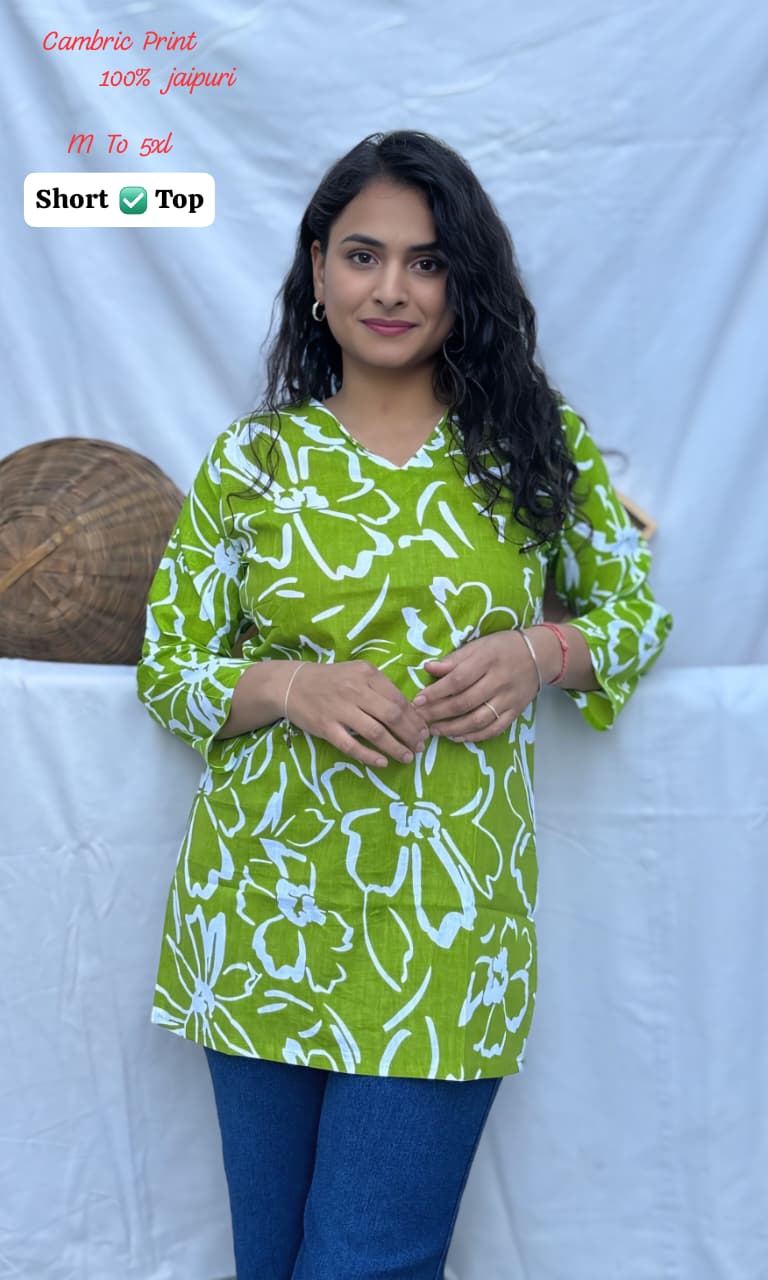 Jaipuri Cambric Cotton Printed Short Top for Women | Casual Tunic | V-Neck Daily Wear (M-5XL)