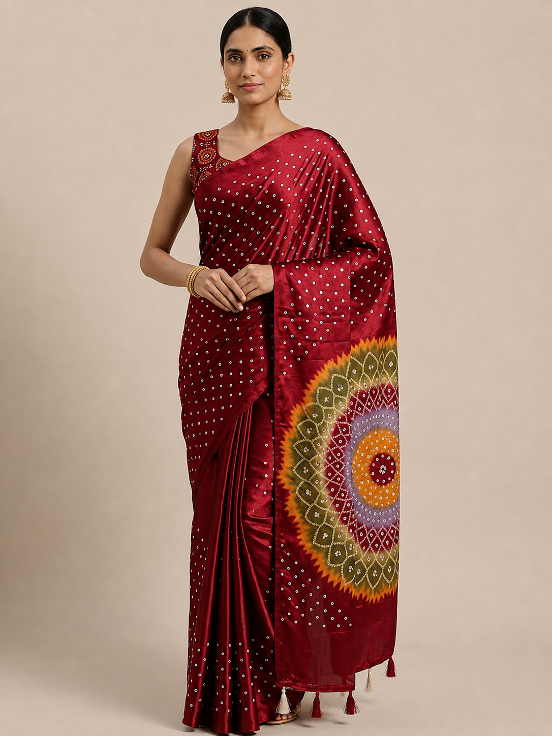 Premium Japan Satin Mirror Work Saree with Tassel Pallu