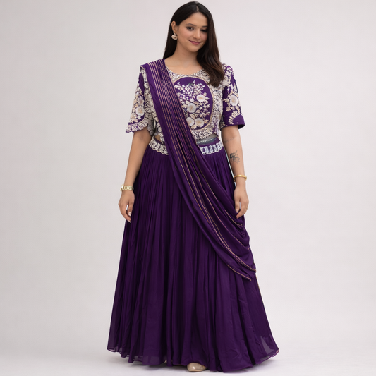Designer Chinon Embroidery Lehenga Saree with Stitched Blouse & Dupatta