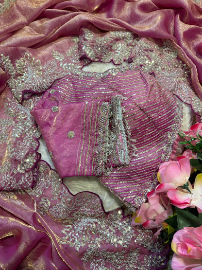 Soft Space Silk Satin Saree With Heavy Embroidery Sequence & Zari Work