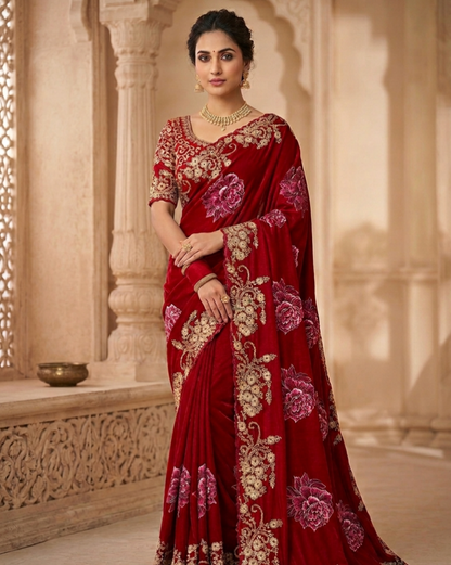 Designer Floral Embroidered Silk Saree with Rich Zari Work