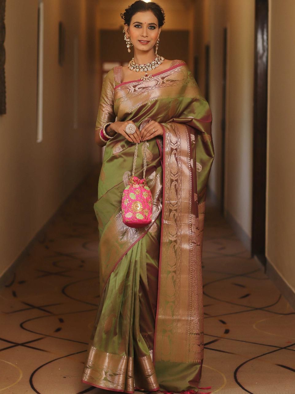 Pure Gold Zari Lichi Silk Saree