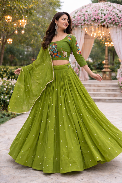 Women Kalamkari Print Lehenga Choli with Georgette Lehenga & Embroidered Dupatta