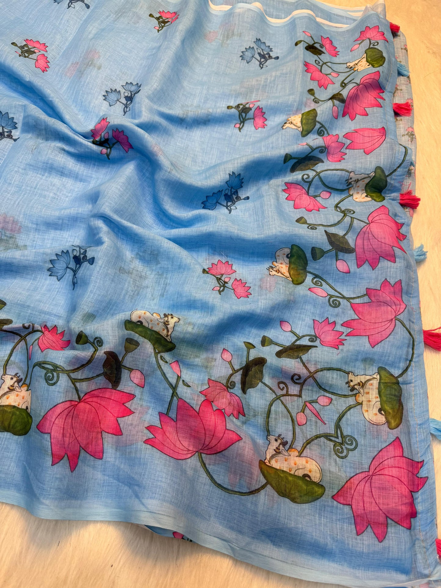 Premium Linen Cotton Floral Print Saree With Tassels & Blouse Piece | Soft Lightweight Daily Wear Saree