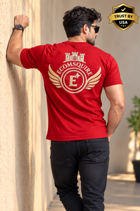 EcomSquire Premium 100% Pure Cotton Red T-Shirt with Golden Logo | Trusted by Customers Across the USA
