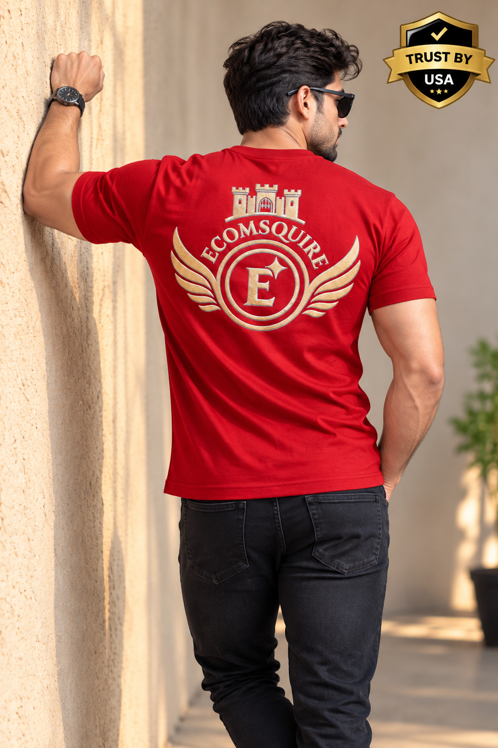 EcomSquire Premium 100% Pure Cotton Red T-Shirt with Golden Logo | Trusted by Customers Across the USA