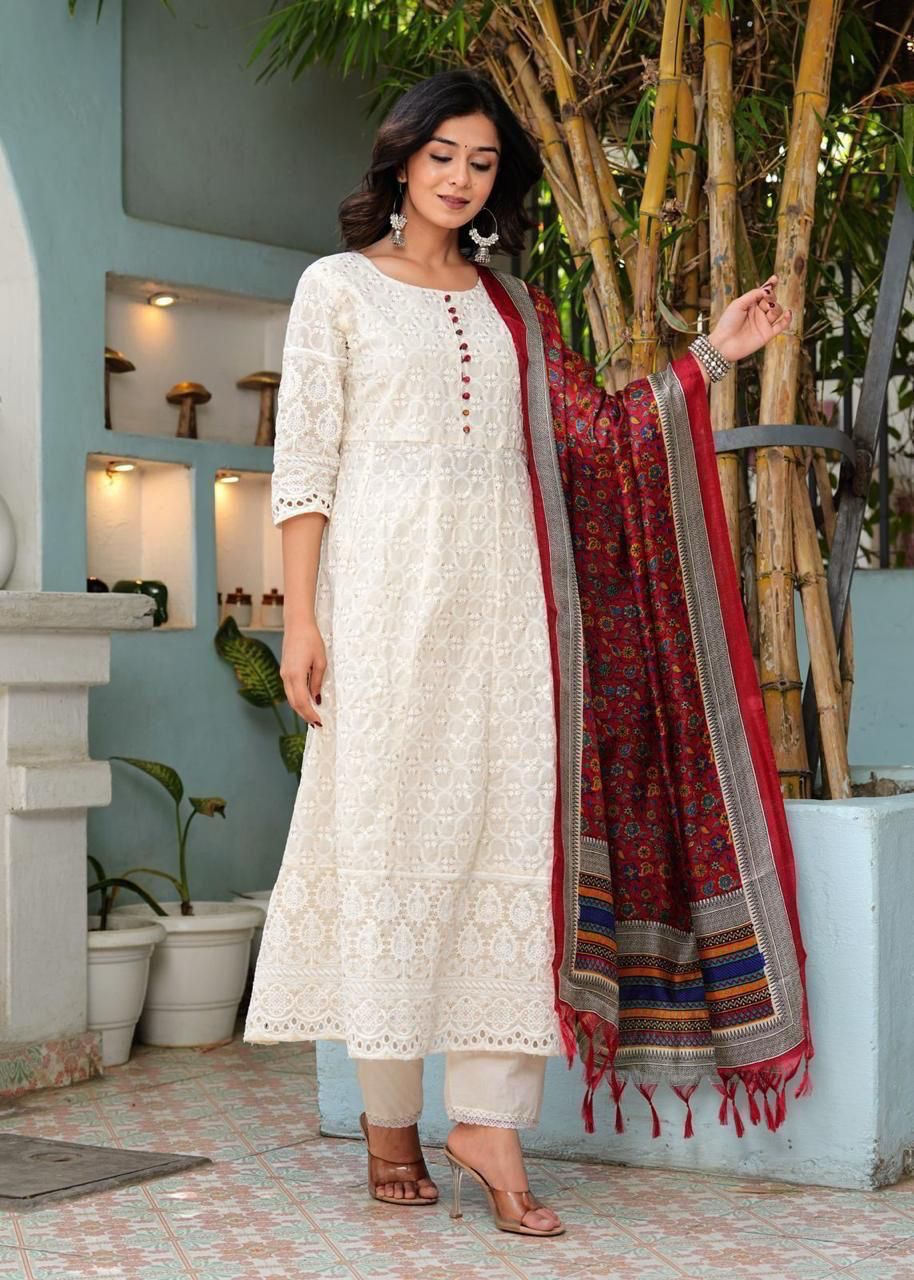 Pure Chikankari Cotton Anarkali Kurti Pant Dupatta Set – Summer Collection