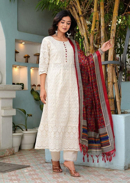 Pure Chikankari Cotton Anarkali Kurti Pant Dupatta Set – Summer Collection