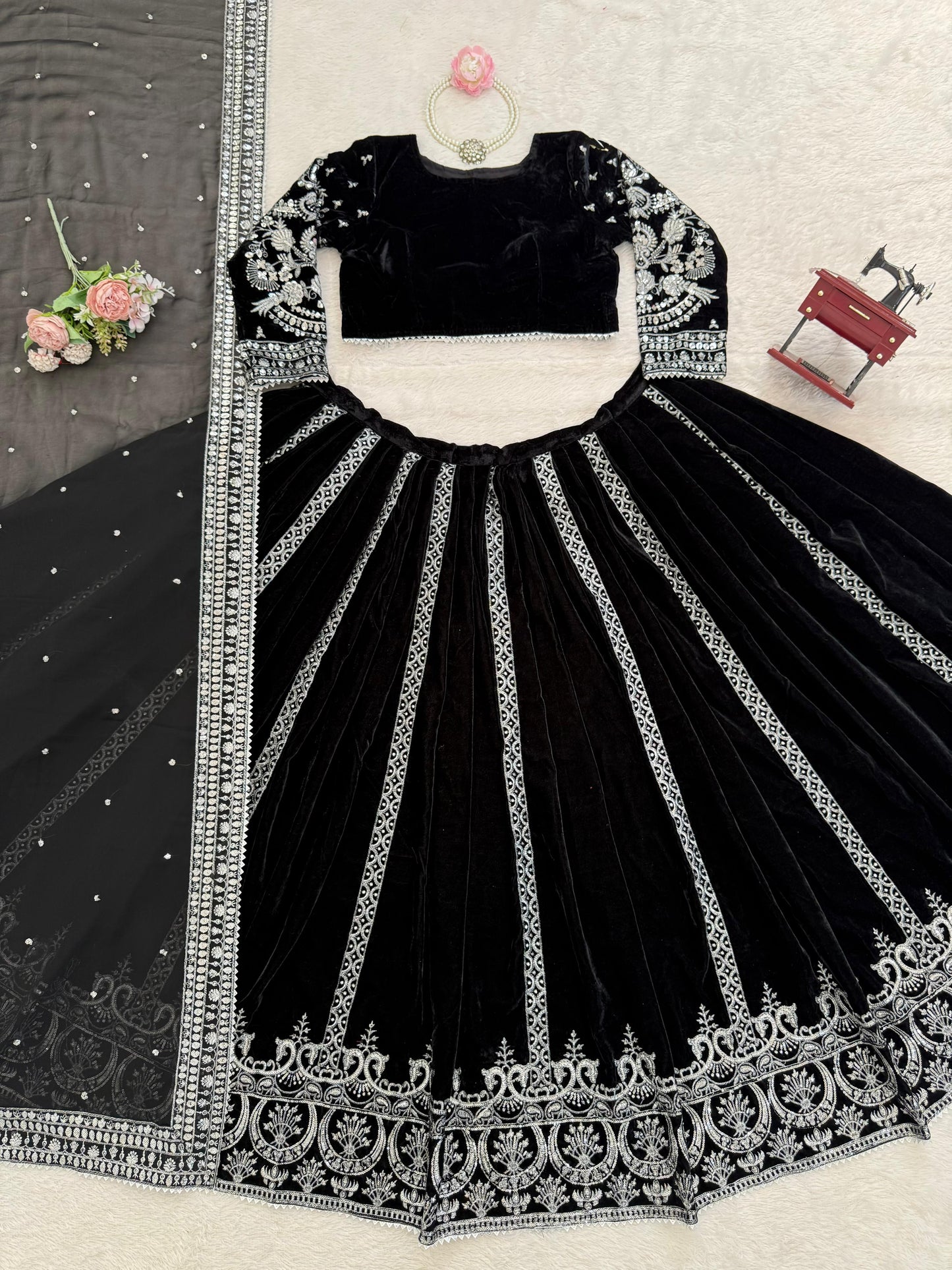 Elegant Black Velvet Lehenga Choli with Silver Thread & Sequence Work | Party Wear & Festive Collection