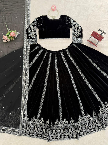 Elegant Black Velvet Lehenga Choli with Silver Thread & Sequence Work | Party Wear & Festive Collection