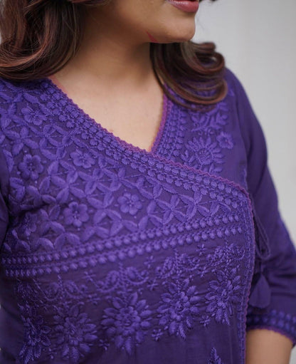 Cotton Chikankari Angrakha Kurti Set