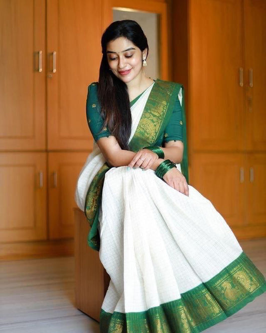 Off White Saree with Green Traditional Border
